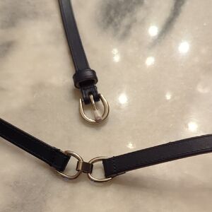 Talbots Genuine Leather Thin Dark Navy Belt With Silver Tone Metal Hardware Xs